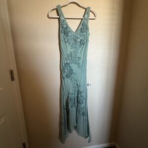 Vintage Y2K Fairy Floral Silk Embroidered Maxi Prom Gown Handkerchief Sz 6 Aqua